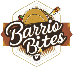 Barrio Bites branding: a taco atop a brown banner with the script text 'Barrio Bites' and a small cup with a heart below.