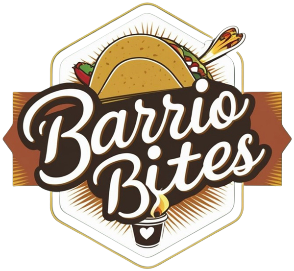 Barrio Bites branding: a taco atop a brown banner with the script text 'Barrio Bites' and a small cup with a heart below.