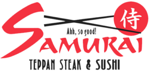 Restaurant logo for Samurai Tepan Steak & Sushi with crossed chopsticks, bold red 'Samurai' lettering, and a red circle with a white kanji symbol.