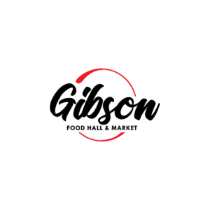 Gibson Food Hall & Market logo: black cursive 'Gibson' with a red circular arc.