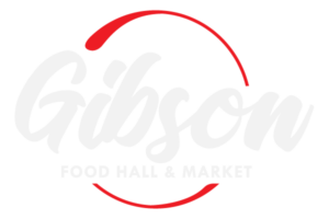 Gibson Food Hall & Market logo in light gray script with red circular arc above and below, and small 'FOOD HALL & MARKET' text.