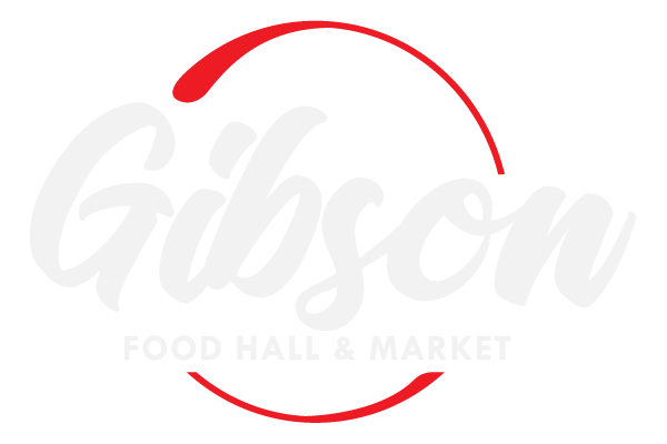 Gibson Food Hall & Market logo in light gray script with red circular arc above and below, and small 'FOOD HALL & MARKET' text.