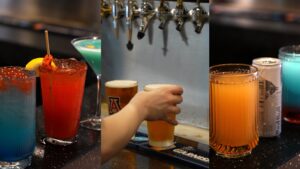 Three-panel bar scene showing colorful drinks: a blue gradient cocktail on the left, a bright red fruit cocktail in the center, and an amber beer with taps and cans on the right.