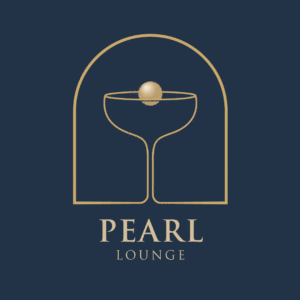 Logo for Pearl Lounge featuring a gold outline clamshell arch with a pearl in the center on a navy background.