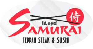 Samurai Teppan Steak & Sushi restaurant logo with red chopsticks crossing a red circle and the phrase 'Ahh, so good!'