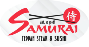 Logo for Samurai Teppan Steak & Sushi, featuring red stylized 'S' and crossed chopsticks with a red circle and Japanese character, and the tagline 'Ahh, so good!' underneath