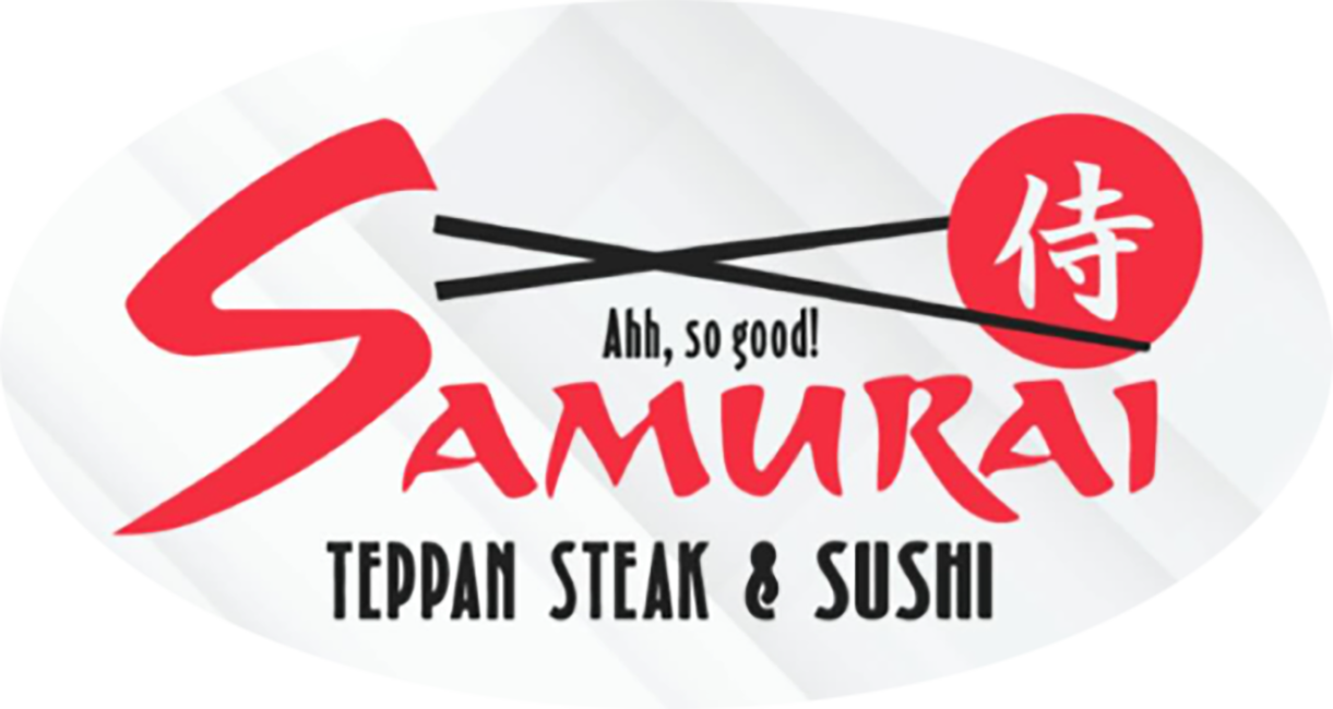 Restaurant logo for Samurai Tepan Steak & Sushi with crossed chopsticks, bold red 'Samurai' lettering, and a red circle with a white kanji symbol.