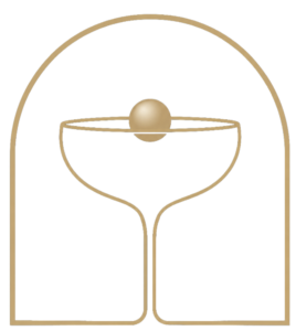 Gold line-art logo: a pearl resting on a rimmed glass inside an arched frame, with the word PEARL in gold below.