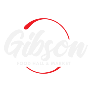 Gibson Food Hall & Market logo with a pale script wordmark and a red circular arc above and below.