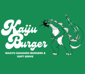 Kaiju Burger logo on a green background with a white cursive title and a green dragon to the right; subtitle reads 'WAGYU SMASHED-BURGERS & SOFT SERVE'.