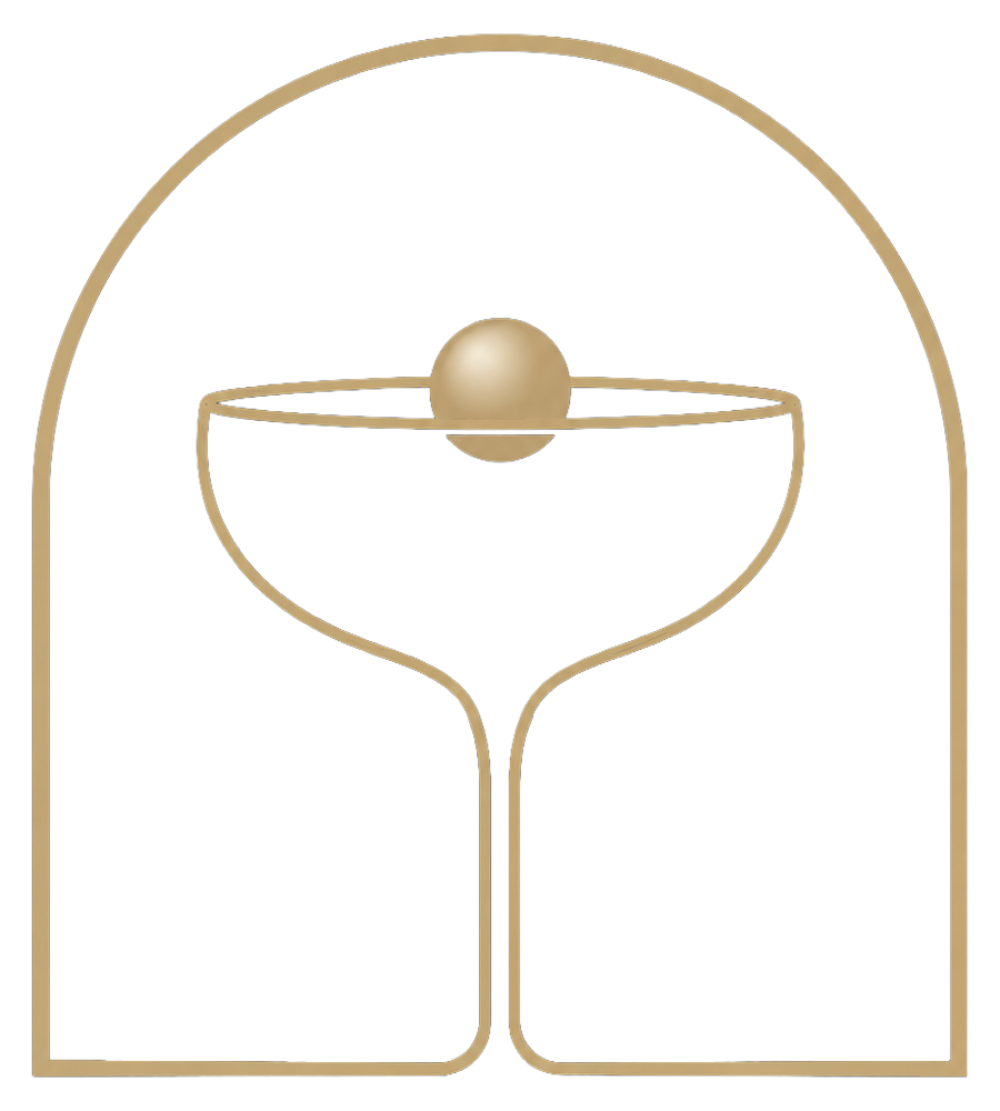 Gold line-art logo: a pearl resting on a rimmed glass inside an arched frame, with the word PEARL in gold below.