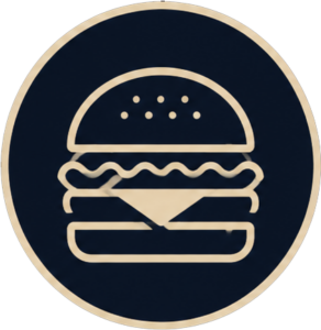 Hamburger menu icon inside a dark circular badge with a gold border