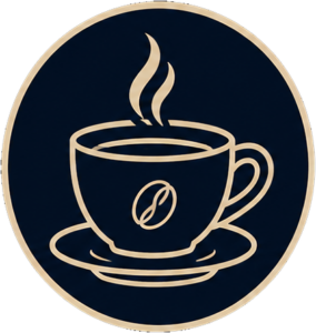Gold outline of a coffee cup with steam on a dark blue circular badge, a coffee bean depicted on the cup.