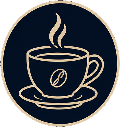 Gold outline of a coffee cup with steam on a dark blue circular badge, a coffee bean depicted on the cup.