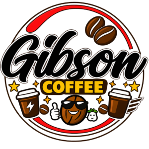 Brand logo for Gibbon Coffee featuring bold script text, coffee beans, two to-go cups, and a smiling roasted coffee character.