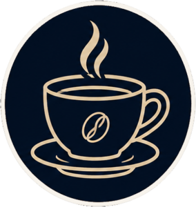 Line-art illustration of a steaming cup of coffee on a saucer with a coffee bean emblem on the cup against a dark blue circular background.