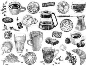 Assorted coffee-themed collage including cups, mugs, a carafe, pastries, and coffee beans arranged around the center.