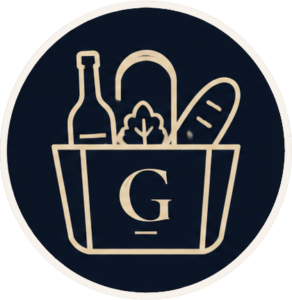 Grocery bag logo with a bottle, loaf of bread, and produce inside; a large G on the bag