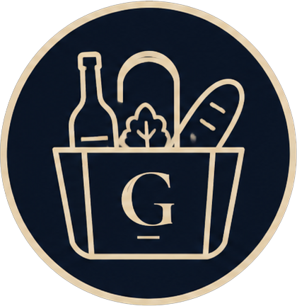 Round navy badge with a beige-outlined grocery bag containing a bottle, a loaf of bread, and produce; a large 'G' on the bag.