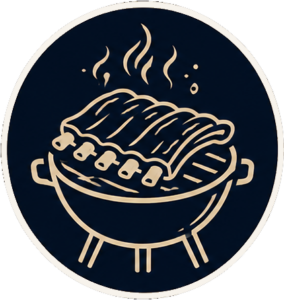Barbecue grill with ribs cooking over an open flame, steam rising on dark blue background