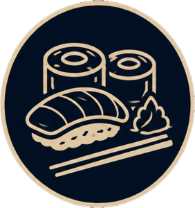 Sushi nigiri and rolls with soy sauce, wasabi, and chopsticks on a dark blue circular emblem.