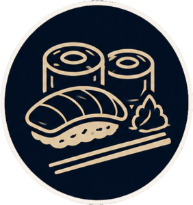 Stylized sushi platter with nigiri, two maki rolls, wasabi, and chopsticks on a dark circular background