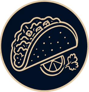 Goldline taco illustration inside a dark circular badge, with lime wedge and cilantro garnish.