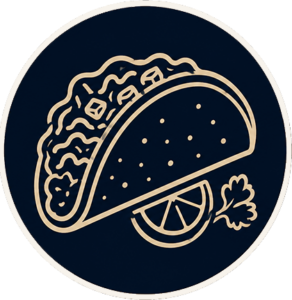 Icon of a taco with lime wedge on a dark circular badge, representing Mexican food or a menu category.